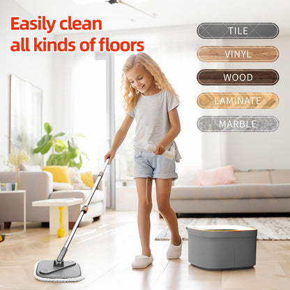 Spin Mop and Bucket Set with Self Separation Dirty and Clean Water System Self Wringing 360° Rotating Clean Mop-Head for Hardwood Tile Marble Floors with 6pads