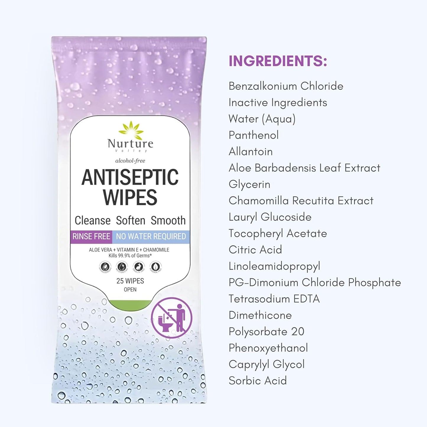 XL Individually Wrapped Nurture Antibacterial Body & Hand Wipes | Alcohol-Free Antiseptic Wet Disinfecting Towelettes for Germ Removal, Sanitizing Hands |Cleaning Cloths| Adults & Baby| Thick & Strong