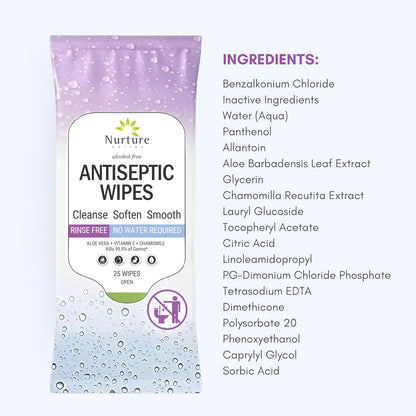 XL Individually Wrapped Nurture Antibacterial Body & Hand Wipes | Alcohol-Free Antiseptic Wet Disinfecting Towelettes for Germ Removal, Sanitizing Hands |Cleaning Cloths| Adults & Baby| Thick & Strong