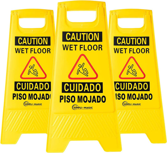 Simpli-Magic Side Press Wringer Combo Commercial Mop Bucket on Wheels, 35 Quart,Yellow, Including Wet Floor Caution Sign and Set, Polyethylene