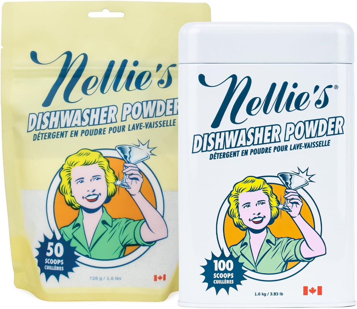 Nellie’s Dishwasher Powder Bundle – 50 Scoops (Pouch) & 100 Scoops (Tin) – Gentle on the Environment – Grease-Busting Performance for Spotless Results – Perfect for Every Home - Made in Canada