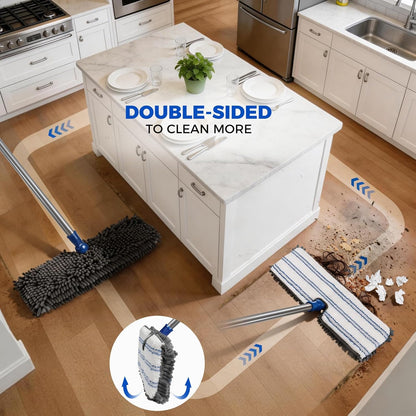 Mops for Floor Cleaning, Masthome Flat Dust Mop with 4 Reusable Pads, 2-Sided Microfiber Dust Mop for Wet & Dry Use, Flat Flip Mops for Hardwood, Laminate, Vinyl,Kitchen, Tile -1 Scraper