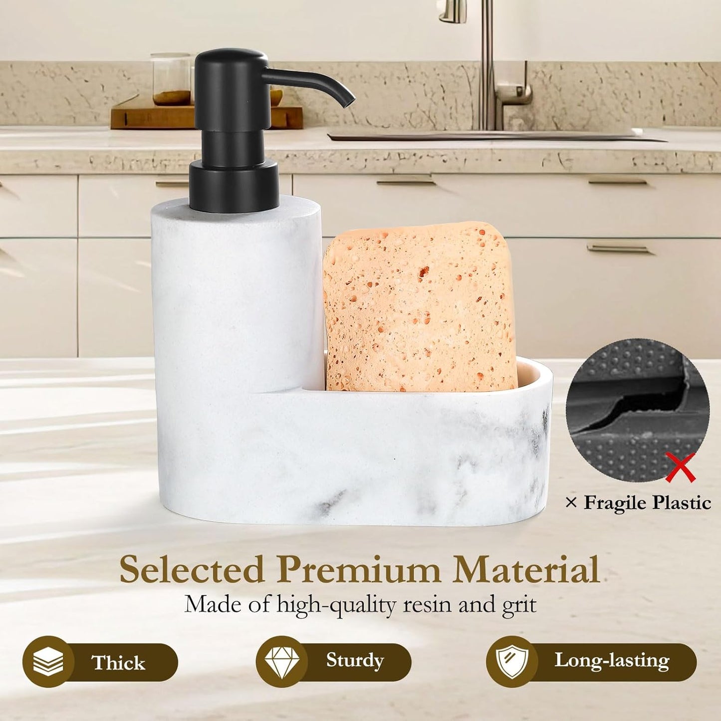 Shinowa Dish Soap Dispenser with Sponge Holder, Refillable Kitchen Dish Soap Dispenser Pump, 2-in-1 Countertop Soap Pump Dispenser for Kitchen Sink and Bathroom, Gravel Black
