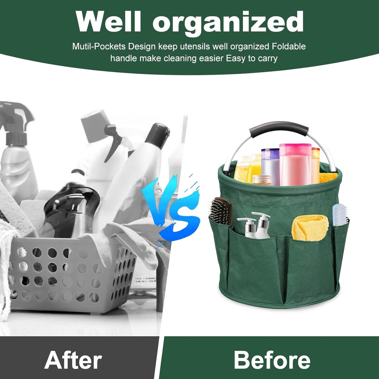 Qivine 17L Cleaning Caddy with Handle, Cleaning Supply Caddy Foldable Tool Bag Cleaning Products Organizers Portable Cleaning Bucket Organiser for Storing Towels(Blue)
