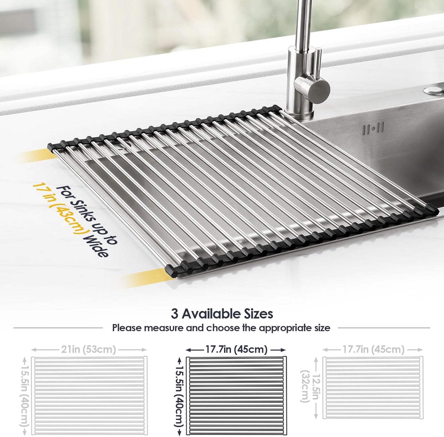 Tomorotec 17.7" x 15.5" Roll Up Dish Drying Rack Over Sink Drying Rack Sink Cover Kitchen Sink Accessories Gadget Multipurpose Organizer Foldable Stainless Steel Drainer (Grey)
