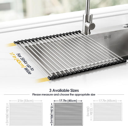 Tomorotec 17.7" x 15.5" Roll Up Dish Drying Rack Over Sink Drying Rack Sink Cover Kitchen Sink Accessories Gadget Multipurpose Organizer Foldable Stainless Steel Drainer (Grey)
