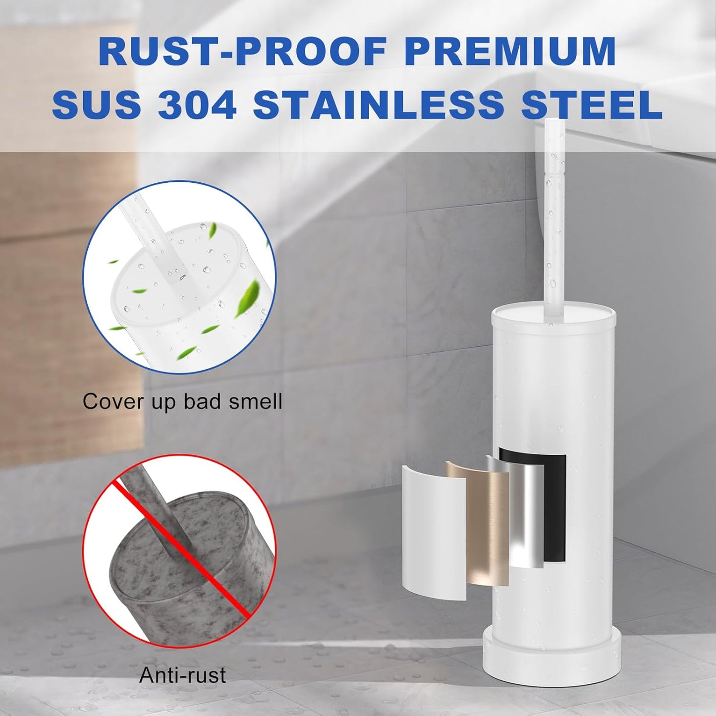 Toilet Brush and Holder Set: 304 Stainless Steel Heavy Duty Toilet Bowl Brush and Holder with Removable Inner Bowl and Splash Protection, Modern Long Handle Bathroom Cleaning Tool