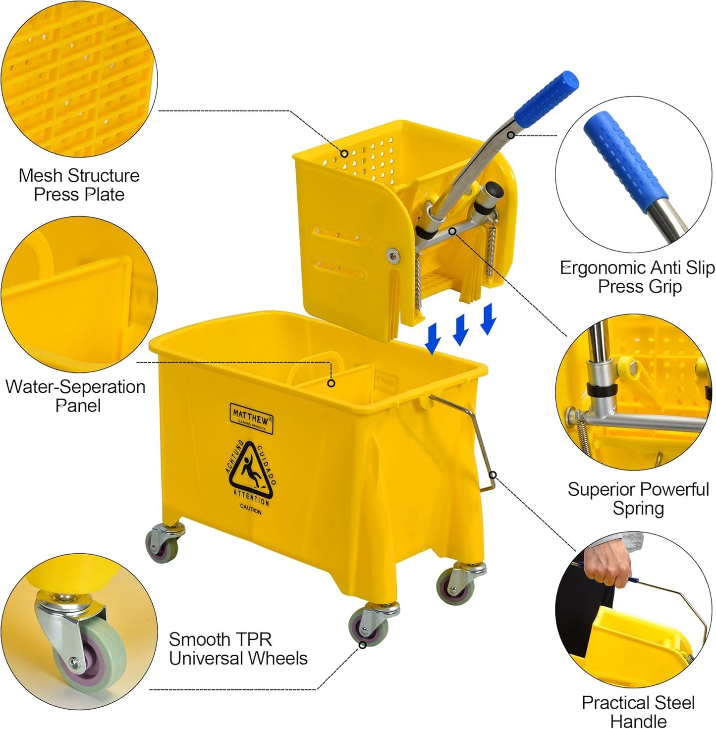 Matthew Cleaning 34 Quart Commercial Mop Bucket INCL.Wet String Mop with Side Press Wringer On Wheels,Heavy Duty Tandem Portable Floor Cleaning Wavebrake,Ideal for Household,Industrial,Restaurant