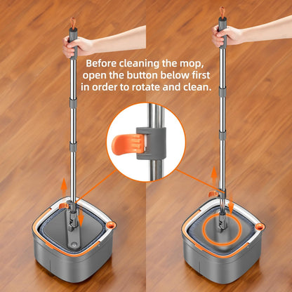 Upgraded Spin Mop and Bucket System Set, Self Separate Clean and Dirty Water, Foldable Square Standing Mop Head with Microfiber Mop Pads, Detachable Bucket (White+Blue, Mop Set with 6PC Pads)
