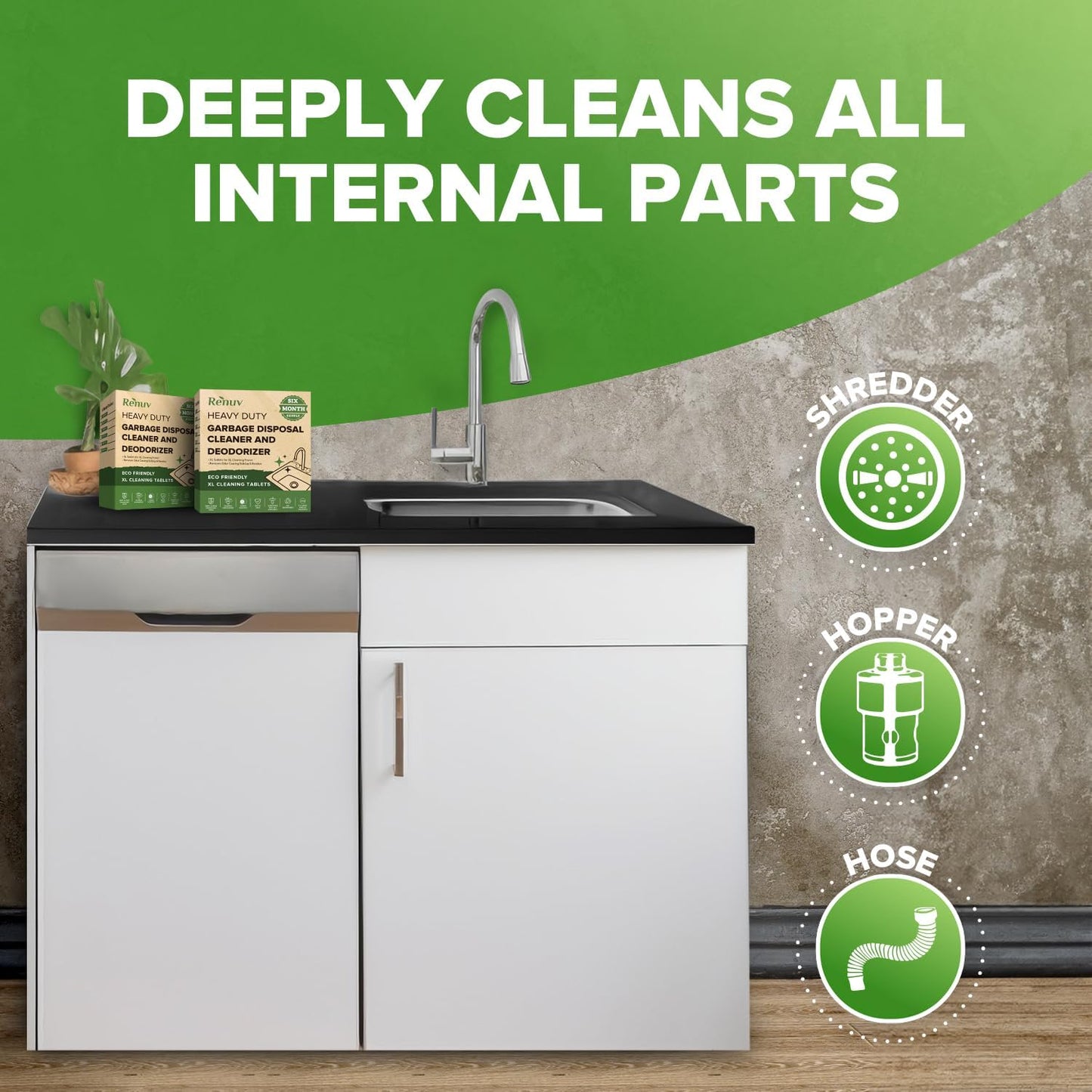 Renuv® Heavy Duty Dishwasher Cleaner & Deodorizer Tablets, Descaler, Deep Cleaning, Natural Odor & Smell Remover, Calcium, Limescale, Hard Water Marks, Grease, Septic Safe Pods (12 Tabs 1 Yr Supply)