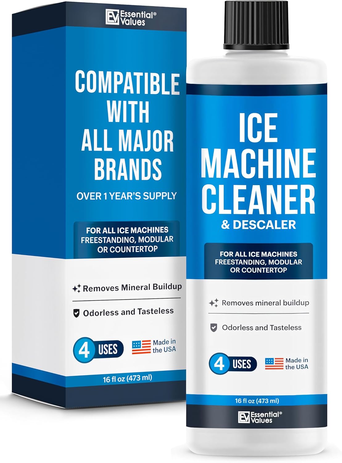 Essential Values 32 uses Ice Machine Cleaner (Gallon / 3.78), Descaler | Ice Maker Cleaner Compatible with: Whirlpool 4396808, Manitowac, Ice-O-Matic, Scotsman, Follett & More!