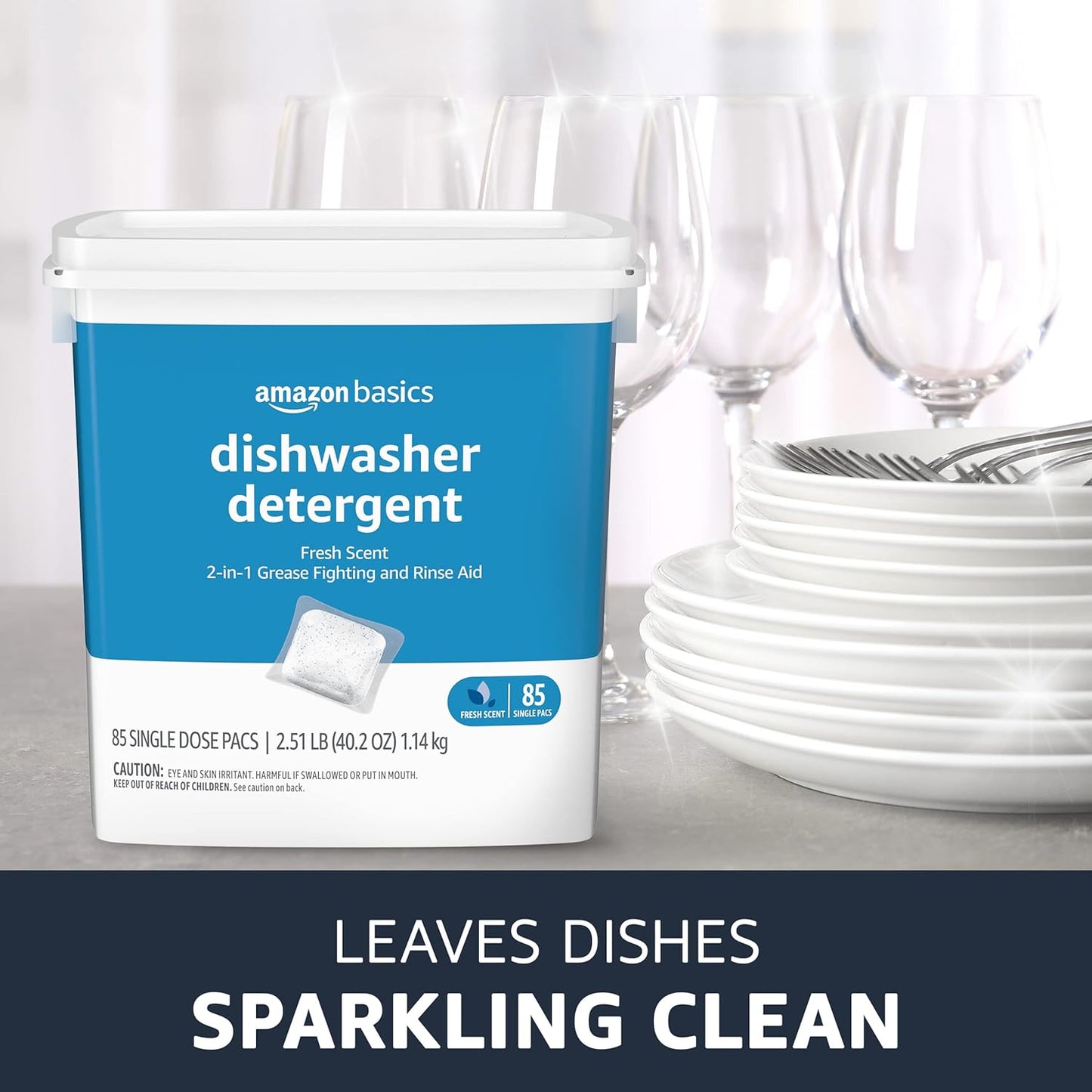 Amazon Basics Dishwasher Detergent Pacs, Fresh Scent, Cuts Grease, Rinses Clean, Removes 24HR Dried-On Stains, 85 Count (Previously Solimo)