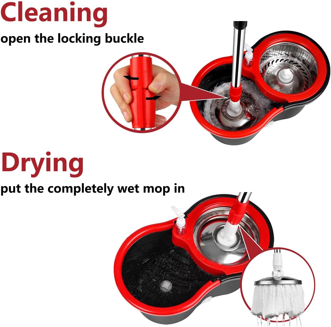 Spin Mop and Bucket Set with Wringer,360° Spinning Mop Bucket with 3 Microfiber Mop Head and 61" Adjustable Handle,for Floor Cleaning