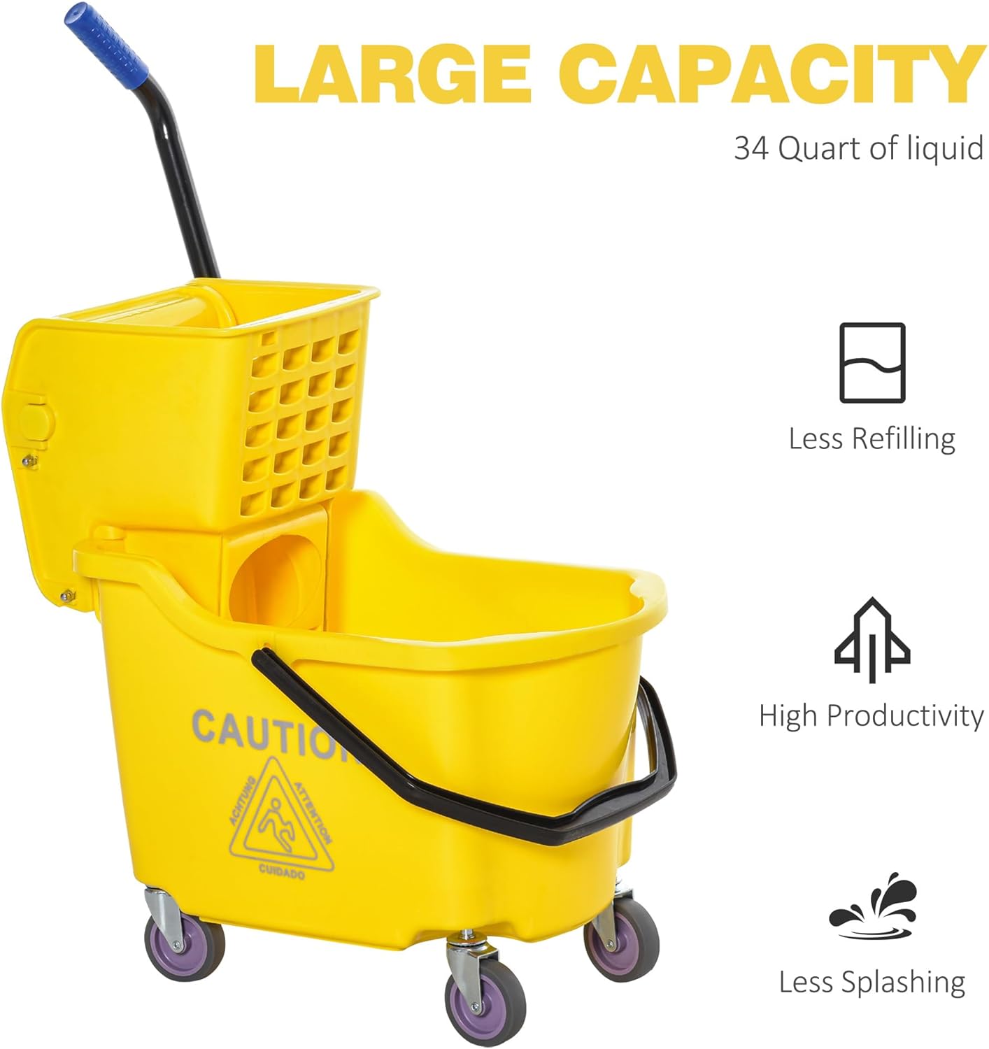 HOMCOM Mop Bucket Cart with 34 Quart Capacity, Side Press Wringer and Metal Handle, Yellow