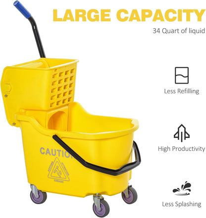 HOMCOM Mop Bucket Cart with 34 Quart Capacity, Side Press Wringer and Metal Handle, Yellow