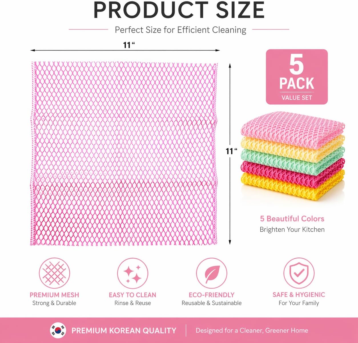 OliviaTree Dish Scrubber 5 Pack, Non Scratch Reusable Mesh Scrub Cloth for Washing Dishes Pots Pans Sink, Quick Dry Odor Resistant Sponge Alternative, Korean Kitchen Cleaning Pad 11 x 11 Inch