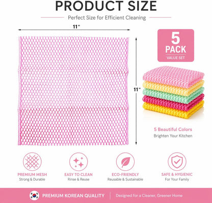 OliviaTree Dish Scrubber 5 Pack, Non Scratch Reusable Mesh Scrub Cloth for Washing Dishes Pots Pans Sink, Quick Dry Odor Resistant Sponge Alternative, Korean Kitchen Cleaning Pad 11 x 11 Inch
