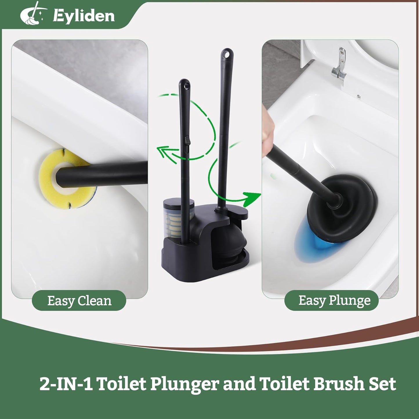 Eyliden Toilet Brush and Plunger Combo Set | 2-in-1 Disposable Toilet Bowl Wand Kit with 10 Refill Heads, Toilet Plunger, Compact Storage Holder | Bathroom Cleaning System for Home, White