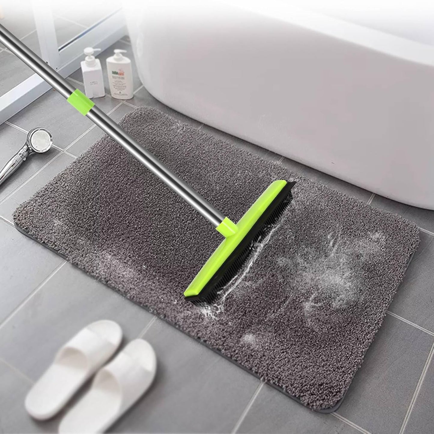 MEIBEI Pet Hair Removal Broom with Squeegee -53", Long Handle Soft Bristle Rubber Broom, Ideal for Remove Fur from Carpets, Rugs, Hardwood and Linoleum