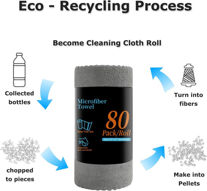 80 Pack Microfiber Cleaning Cloth Roll Reusable Paper Towels 12"x12" Tear Away Cloth, Microfiber Towels for Cars, Wash Cloths, Lint Free Dark Grey Rags for House, Kitchen,Window,Cleaning Supplies