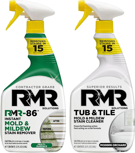 RMR Mold Stain Eraser Max Pack – No-Scrub Tub & Tile Cleaner + Instant Mold & Mildew Stain Remover Spray, Indoor/Outdoor Bathroom, Shower, Siding, & Deck Cleaning Kit, 2–32 Oz Bottles