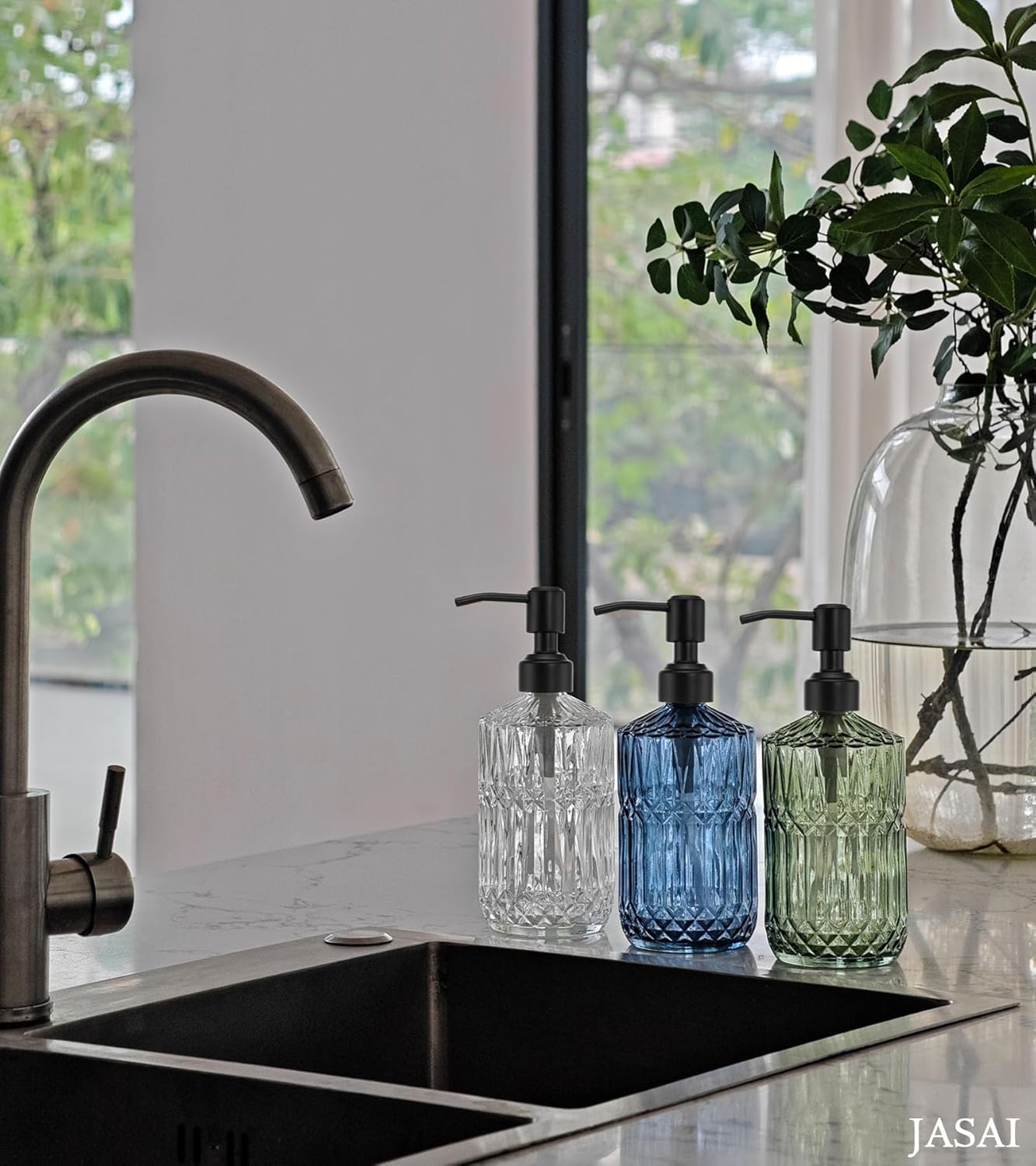 JASAI 2Pack 18Oz Green Glass Soap Dispenser with Gold Rust Proof Pump, Refillable Dish Soap Dispenser for Kitchen, Bathroom Soap Dispenser for Hand soap, Lotion, Body Wash, Dish Soap.