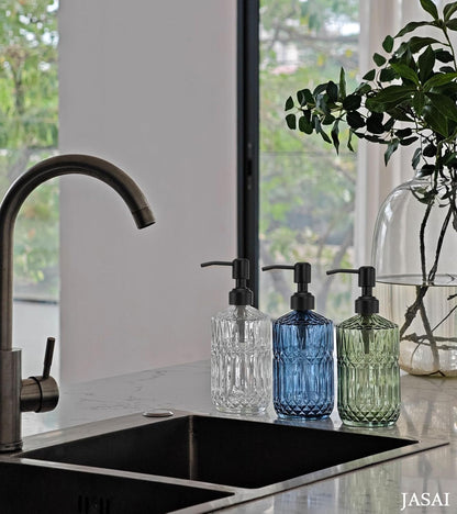 JASAI 2Pack 18Oz Green Glass Soap Dispenser with Gold Rust Proof Pump, Refillable Dish Soap Dispenser for Kitchen, Bathroom Soap Dispenser for Hand soap, Lotion, Body Wash, Dish Soap.