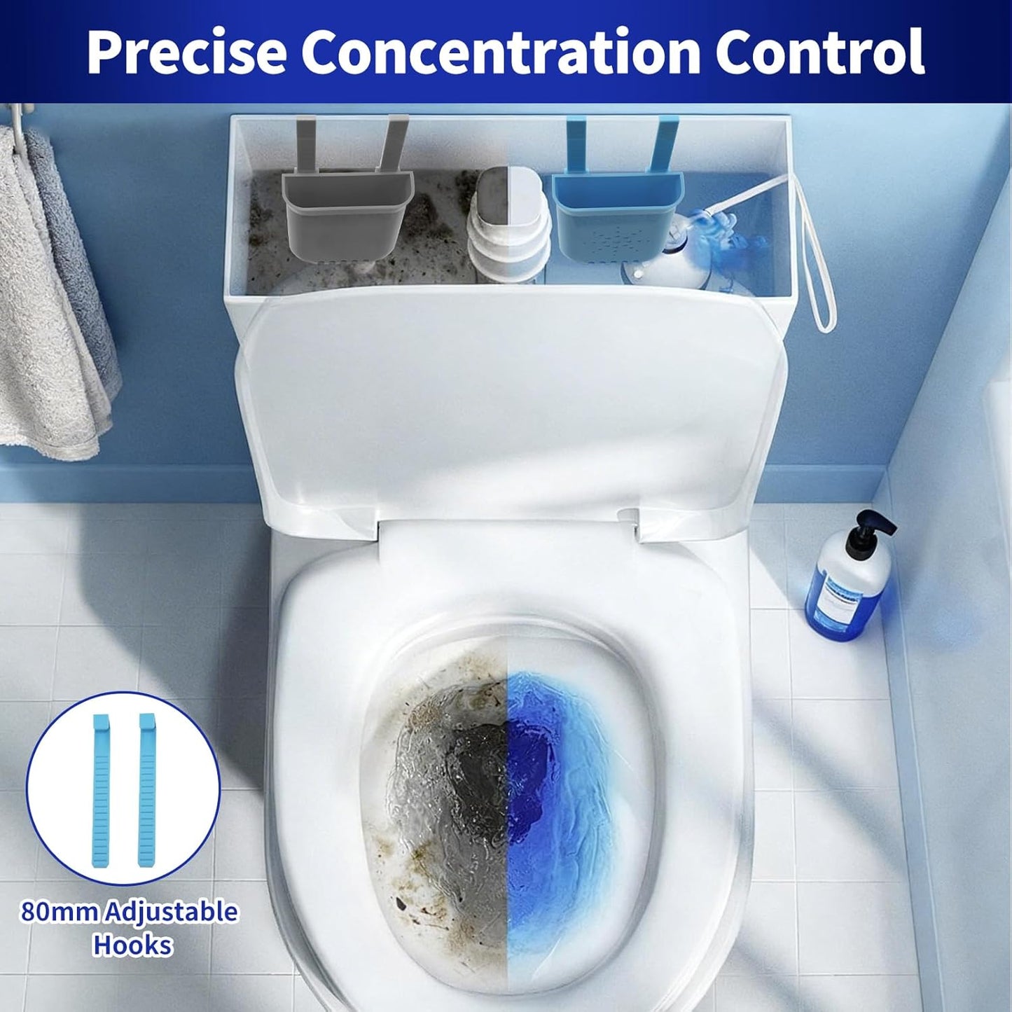 Controlled Release Toilet Bowl Cleaner Tablets Holder, Universal Toilet Tank Cleaner Dispenser with Adjustable Hooks, Hanging Bleach Tablet Bracket for Long-Lasting Cleaning, Prevents Tank Buildup