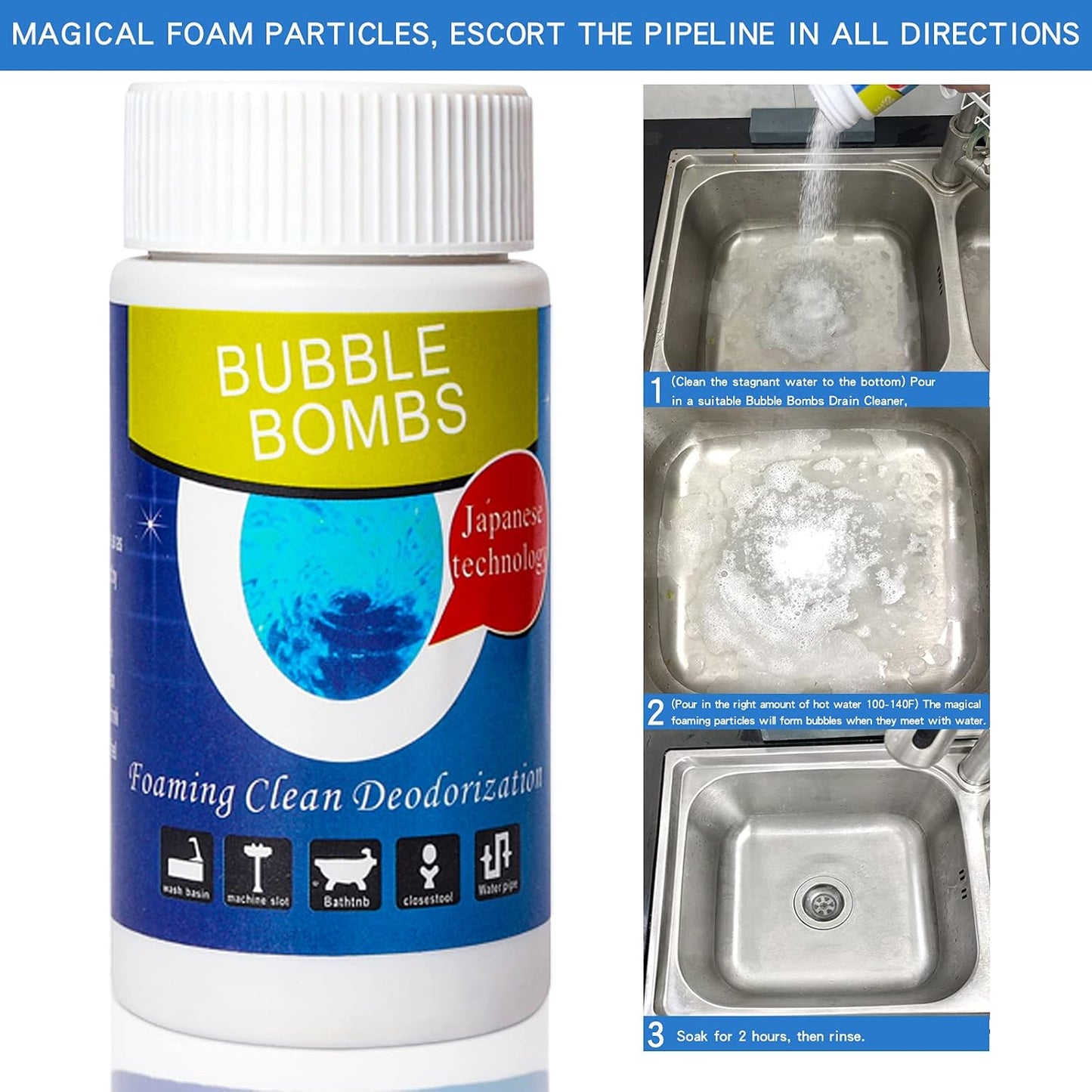 2 Pcs Powerful Magic Bubble Bombs Drain Cleaner - Fast Foaming Pipe Cleaner Powder Dredge Agent for Kitchen Toilet Pipeline Quick Cleaning Tool