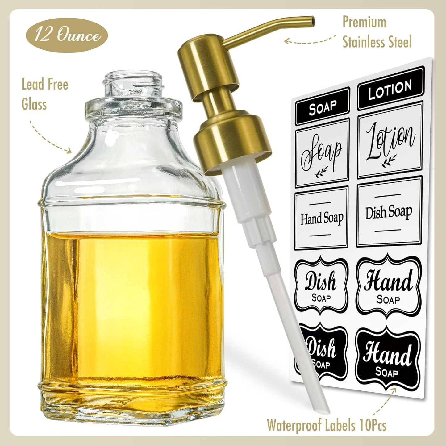 JASAI 2Pack Glass Soap Dispenser with Black Rust Proof Pump, Refillable Dish Soap Dispenser with for Kitchen and Bathroom.