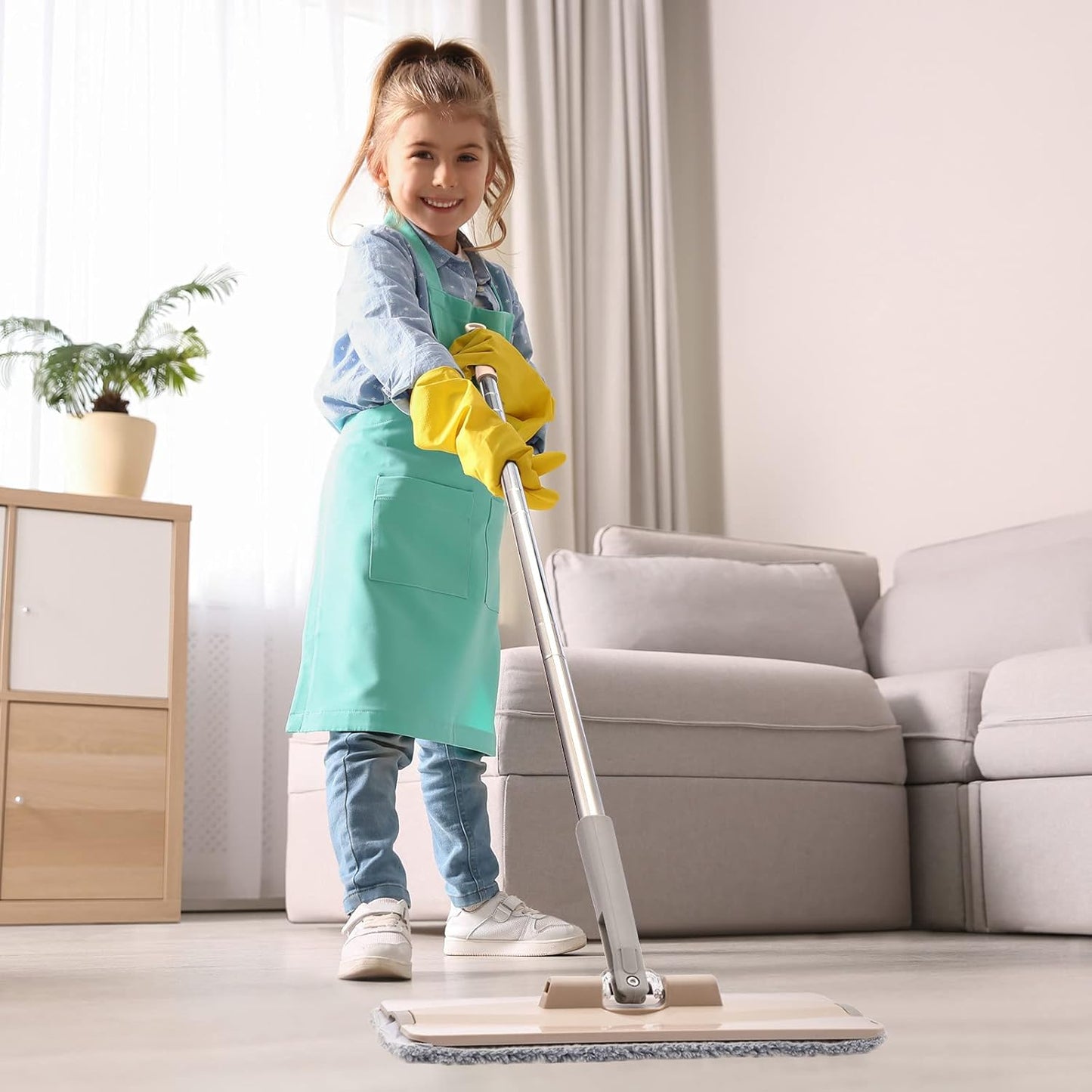 Squeeze Mop and Bucket Set with 4 Microfiber Mop Pads for Floor Cleaning, Flat Mop and Bucket with Wringer Set, Wall and Baseboard Cleanering Mop with a Holder