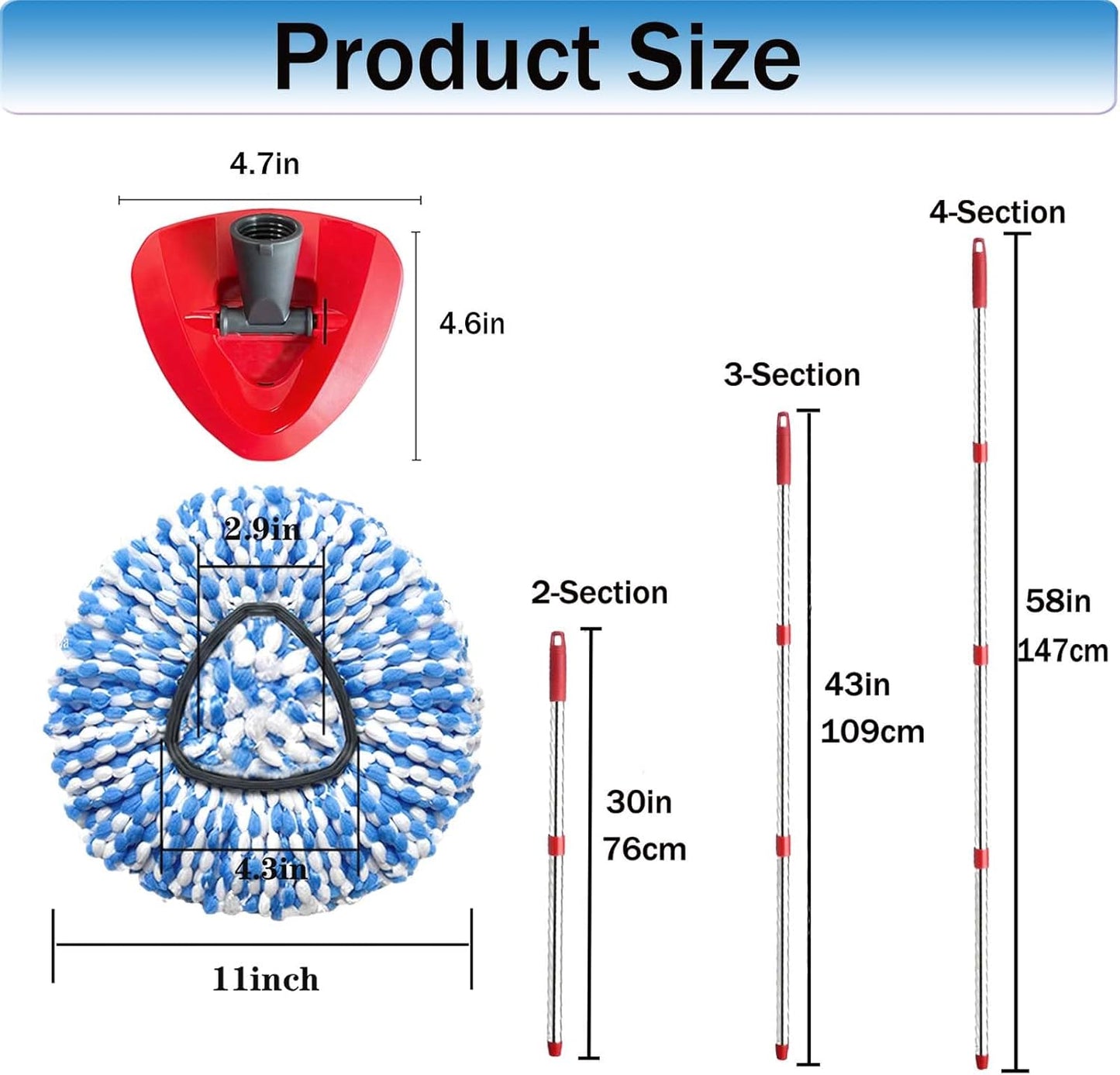 Spin Mop Replace Heads for O Cedar Rinse Clean 2 Tank System, Spin Mop Replacement Head 4 Microfiber Mop Refills, 1 Triangle Head Cover and 30-58in Handle 1 1Scrub Brush
