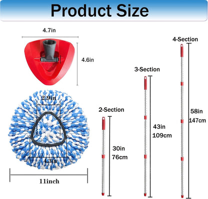 Spin Mop Replace Heads for O Cedar Rinse Clean 2 Tank System, Spin Mop Replacement Head 4 Microfiber Mop Refills, 1 Triangle Head Cover and 30-58in Handle 1 1Scrub Brush