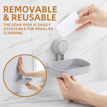 LEVERLOC Soap Holder Shower with Hooks, Bar Suction Cup Soap Dish Tray for Wall, Rust-Proof Stainless Steel Sponge Caddy for Bathroom Accessories Organizer Bathtub Kitchen Sink, Black