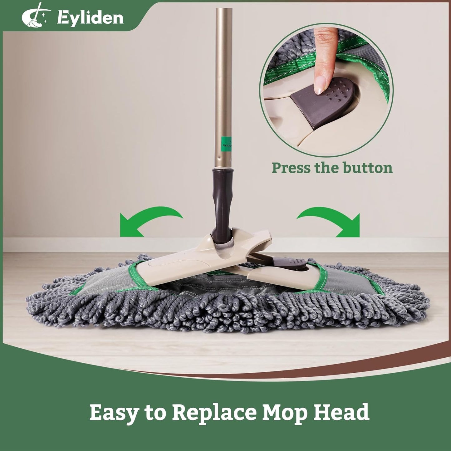 Eyliden Pro Dust Mop for Floor Cleaning | Dry Mop with 3 Reusable Microfiber Pads, Pet Hair Removal, Spill Absorption | One-Click Replacement, Telescopic Handle for Home and Commercial Use, Grey+Green
