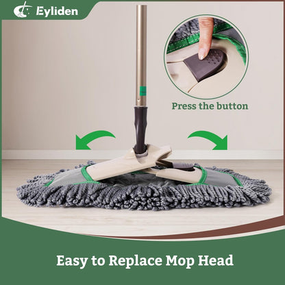Eyliden Pro Dust Mop for Floor Cleaning | Dry Mop with 3 Reusable Microfiber Pads, Pet Hair Removal, Spill Absorption | One-Click Replacement, Telescopic Handle for Home and Commercial Use, Grey+Green