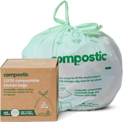 Compostic Compostable Trash Bags, 13 Gallon Tall Kitchen (50 Count) Starter Pack — Extra Strong, Home Compostable, Plant-Based, Non-Toxic, Unscented Garbage Bags