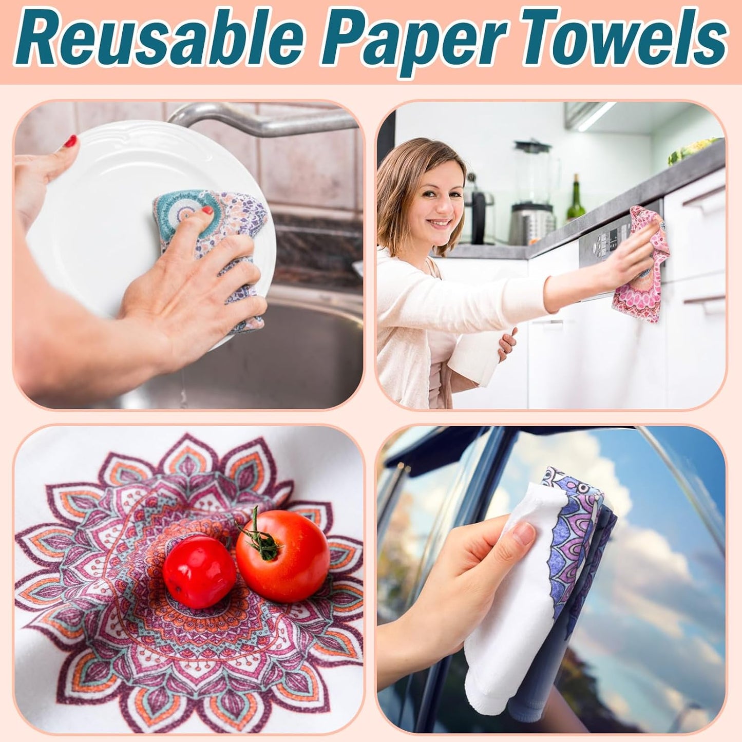 Redbaker 30 Pcs Reusable Paper Towels Rolls Kitchen Towels Bulk Washable Paperless Cloth Cotton Hand Napkins with Cardboard Reusable Napkins for Kitchen Bathroom(Floral,10 x 12 in)