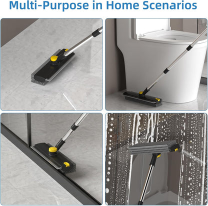 Scrub Brush with Long Handle, Floor Scrub Brush Squeegee Broom for Cleaning, 3 in 1 Shower Scrubber Floor Broom Squeegee for Concrete Tile Wall Deck Patio White