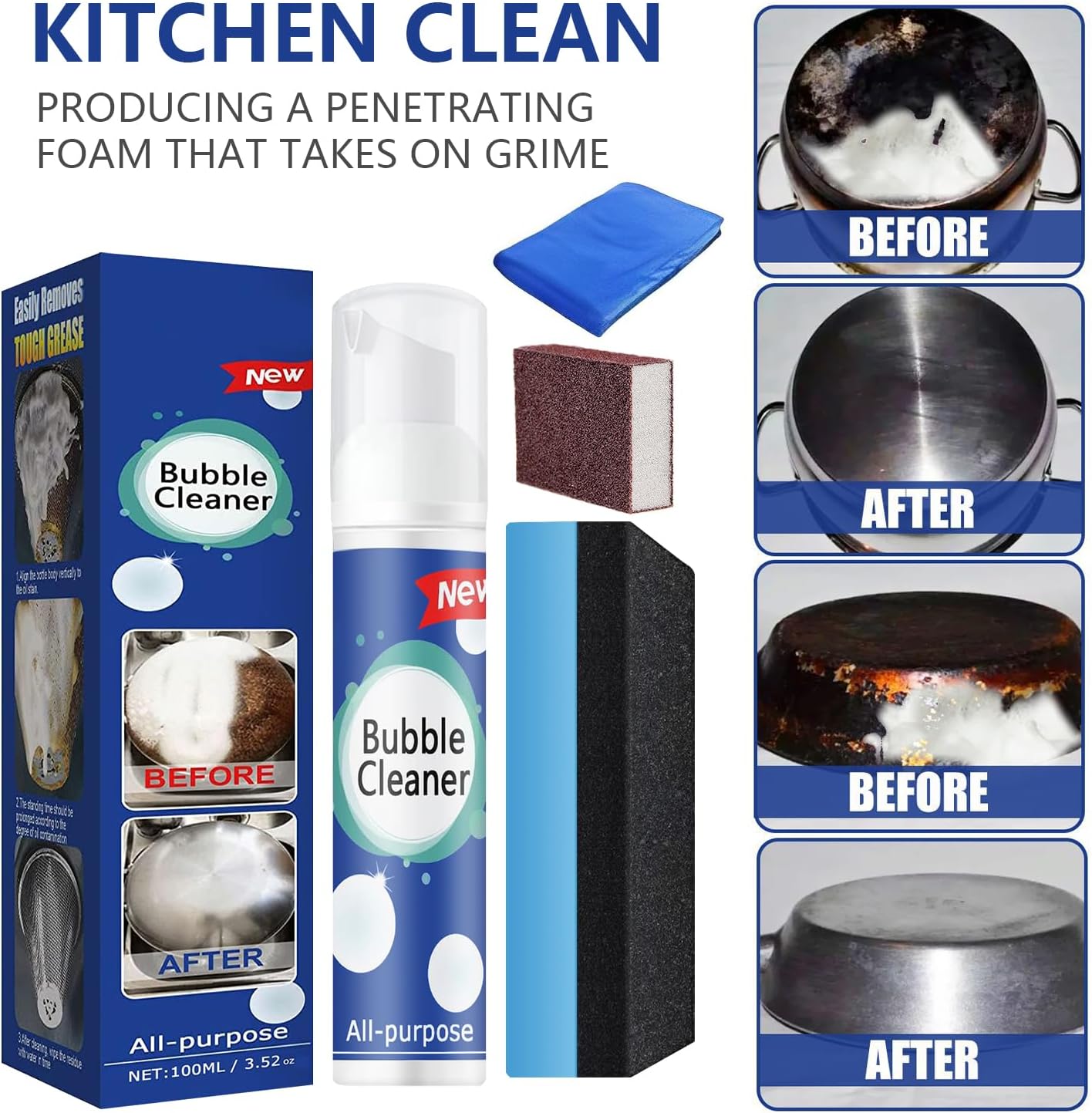 Rednow (100ML*3PCS) Bubble Cleaner Foam,Foaming Heavy Oil Stain Cleaner,All-Purpose Rinse-free Cleaner Spray,Kitchen Deep Cleaning Spray,Powerful Stain,Stubborn Grease & Grime Remover Bubble Spray