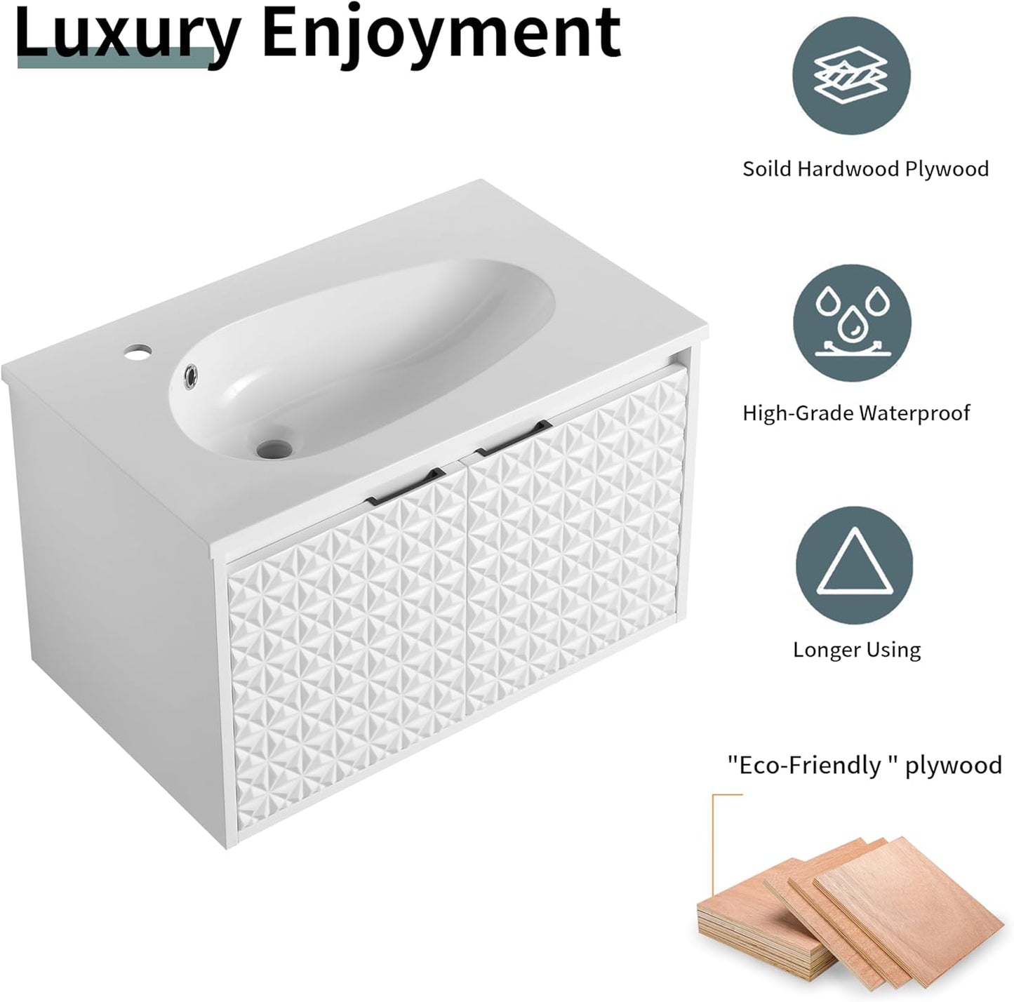 SSLine Modern 24-Inch Bathroom Vanity with Sink Wall Mounted Bathroom Vanity with Top Basin & Storage Cabinet White Wood Floating Vanity w/Ceramic Sink & Gold/Black Handles for Small Space