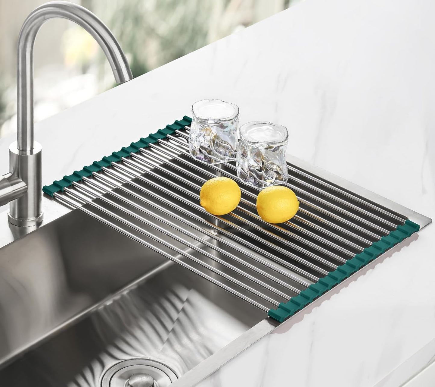 Tomorotec 17.7" x 15.5" Roll Up Dish Drying Rack Over Sink Drying Rack Sink Cover Kitchen Sink Accessories Gadget Multipurpose Organizer Foldable Stainless Steel Drainer (Grey)