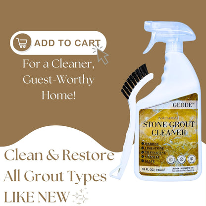 GEODE Natural Stone Grout Cleaner & Brush for tile floors - non-damaging, safe for Marble, Limestone, Travertine, Ceramic - Industrial Strength Tile, Stain Remover, Powerful Formula (32 oz)