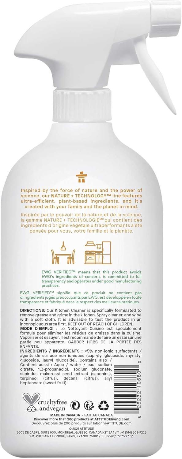 ATTITUDE Kitchen Cleaner Spray, EWG Verified, Degreaser Spray to Cut Grease & Grime, Plant-Based & Vegan, Citrus Zest Scent, 27.1 Fl Oz