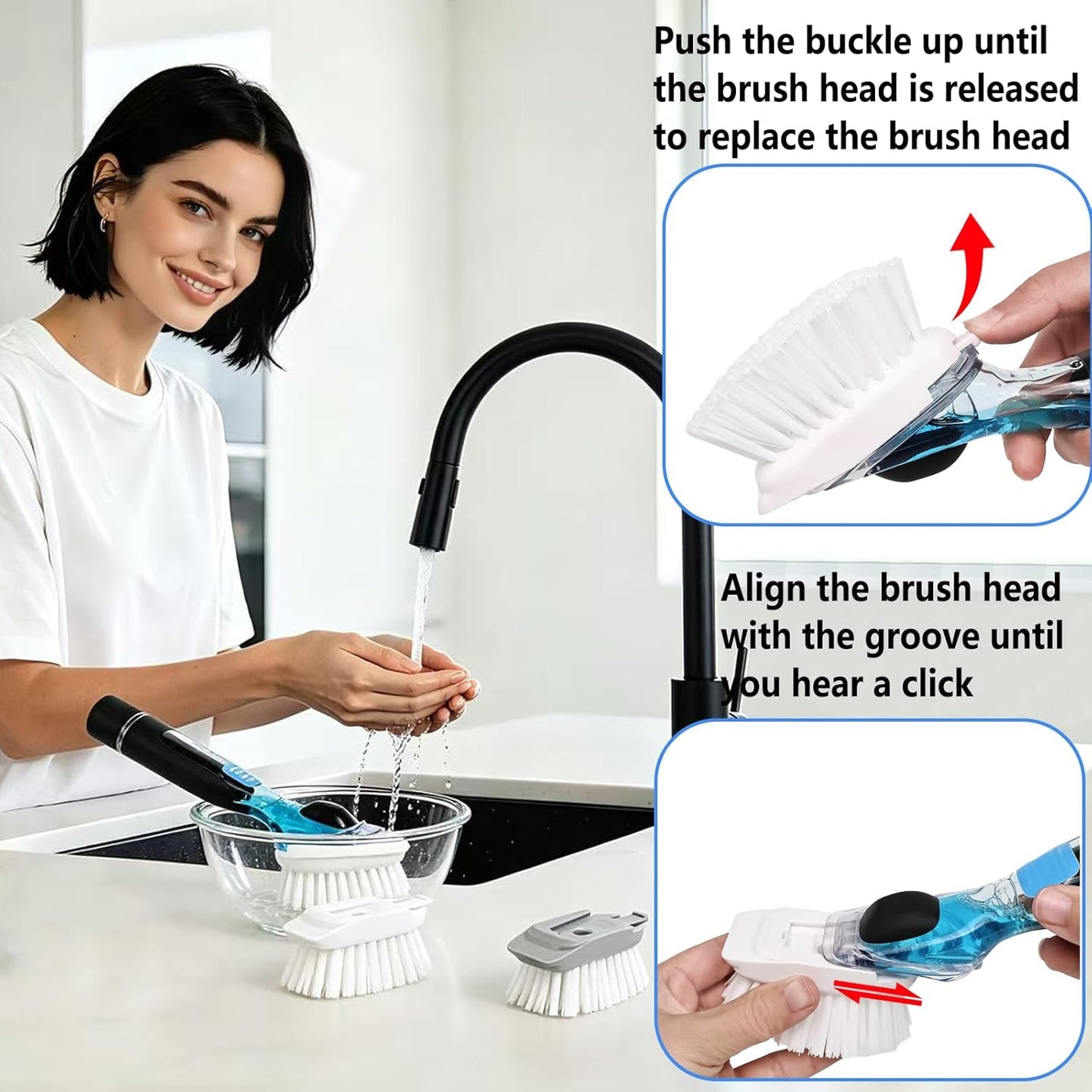 Dish Brush Refills, Dish Scrubber Replacement Heads Compatible with OXO Soap Dispensing Dish Brush, Nylon Bristles with Built-in Scraper, Suitable for Non-Stick Cookware, 2 Pack