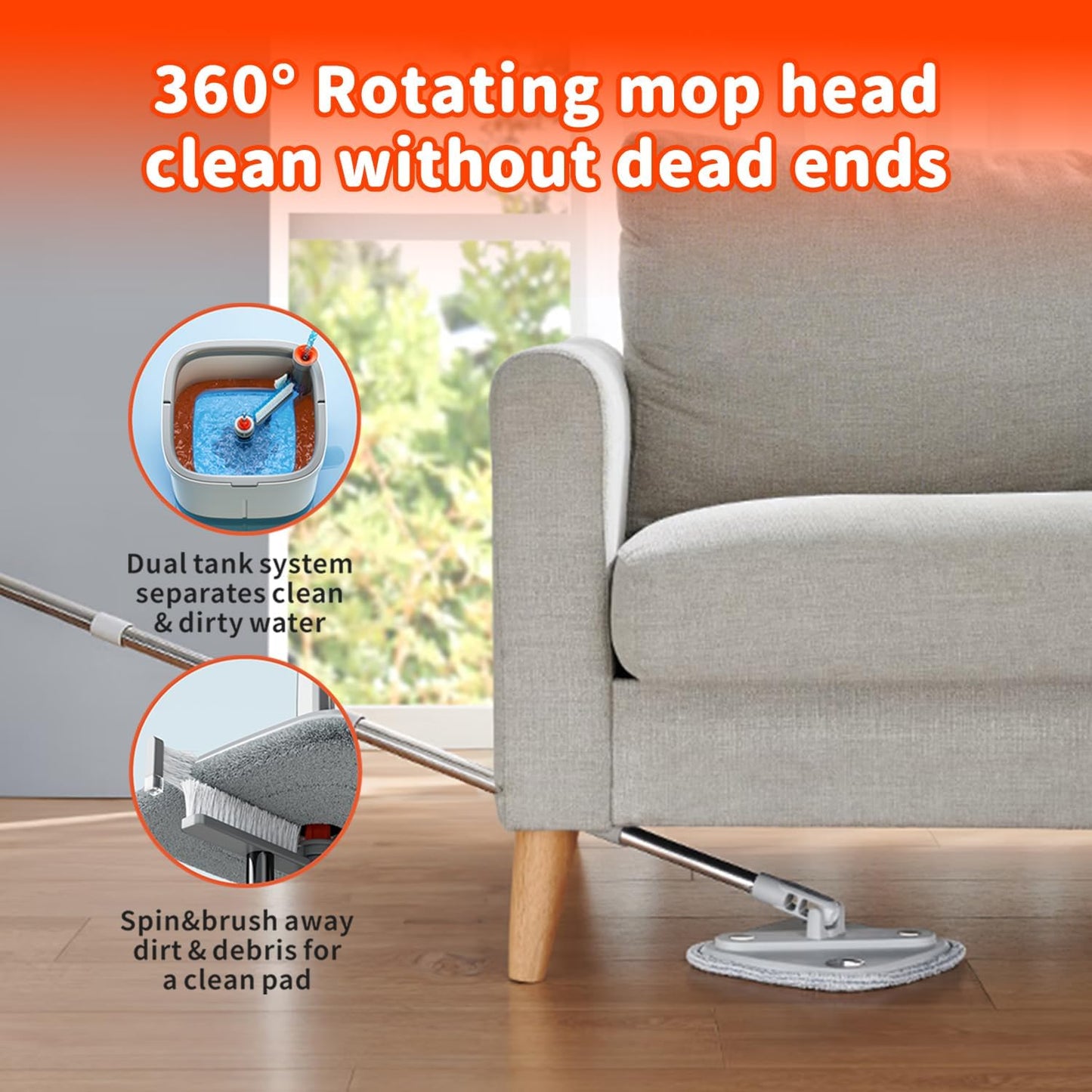Spin Mop and Bucket Set with Self Separation Dirty and Clean Water System Self Wringing 360° Rotating Clean Mop-Head for Hardwood Tile Marble Floors (Mop Set with 6 Pads)-Grey