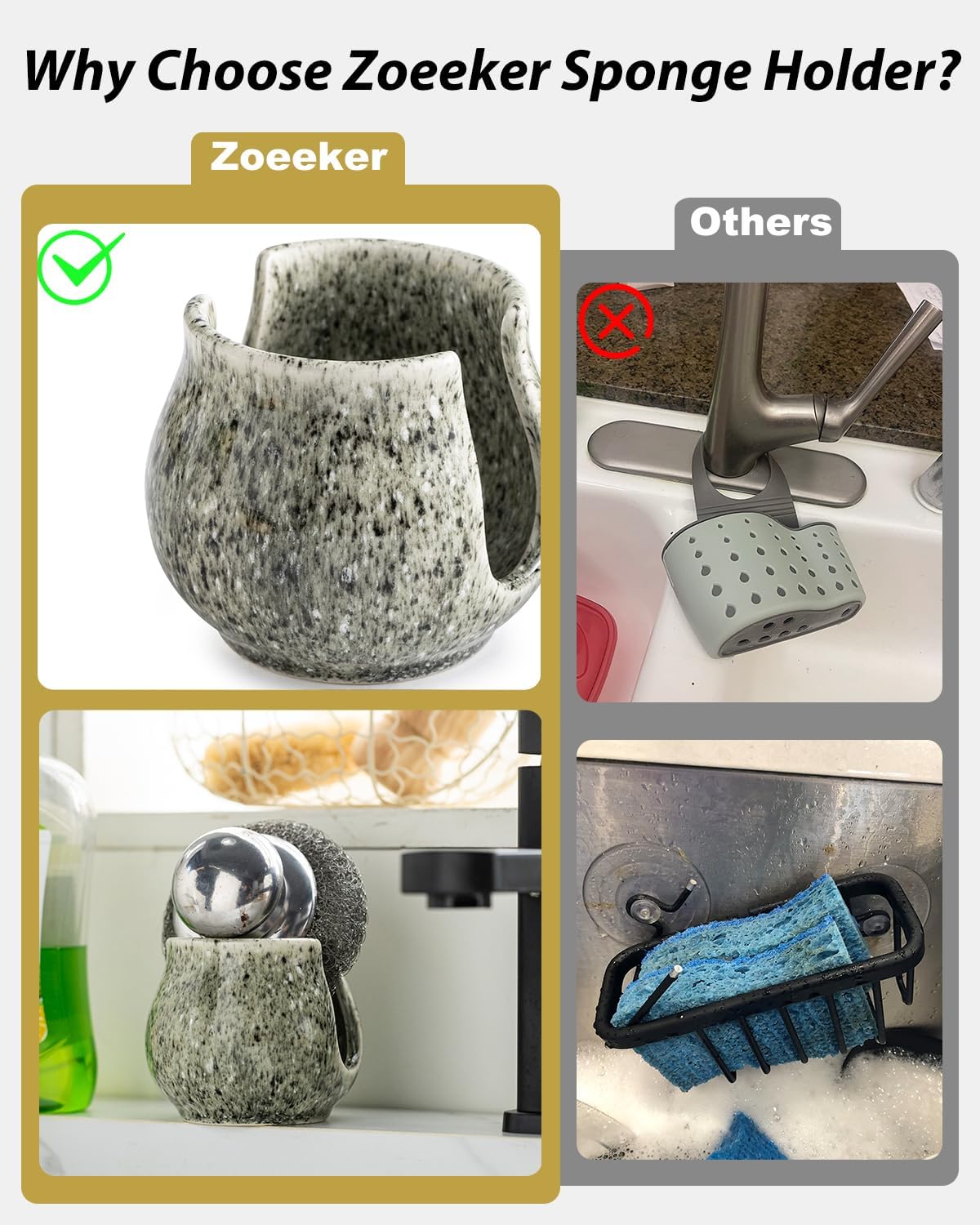 Zoeeker Sponge Holder for Kitchen Sink, Ceramic Dish Sponge Dish Rack Scrubby Caddy Kitchen Organizer Cute Sink Caddy Organizer, Farmhouse Decor, Speckled Glaze