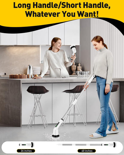 Shower Scrubber with Long Handle, Shower Cleaner Brush with 8 Brush Heads, Cordless Electric Spin Scrubber for Cleaning with 2 Speed, Cleaning Supplies for Bathroom Bathtub Kitchen Floor Tile Toilet