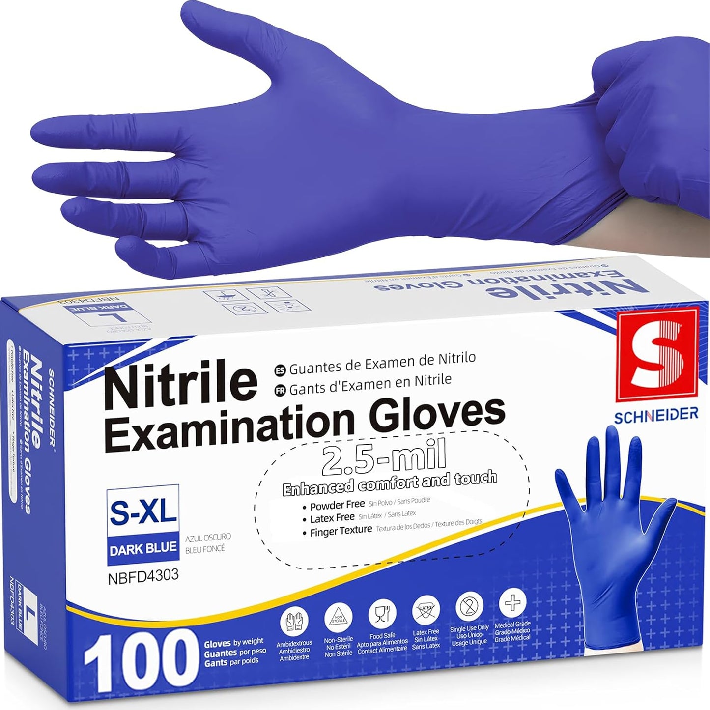 Schneider Nitrile Exam Gloves, Dark Blue, Disposable Gloves, Latex-Free, Powder-Free, Food Safe for, Cooking, Household Use
