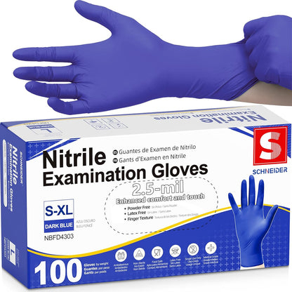 Schneider Nitrile Exam Gloves, Dark Blue, Disposable Gloves, Latex-Free, Powder-Free, Food Safe for, Cooking, Household Use